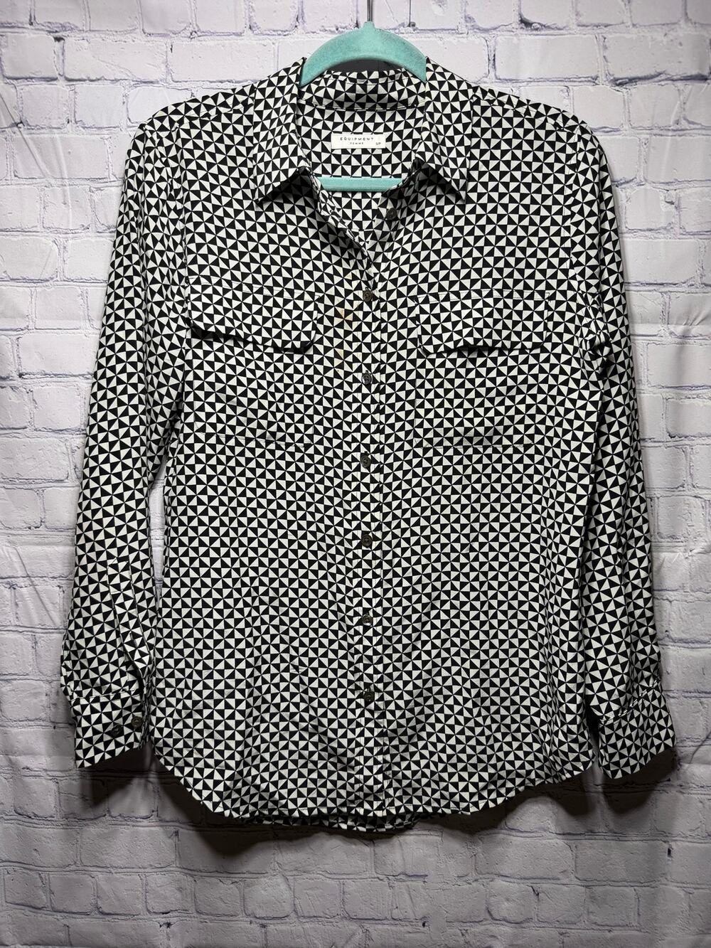 Equipment Womens Geometric Long Sleeve Silk Button Down Black White Sz S